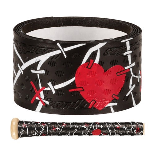 Baseball bat grip featuring red heart and white cross design on a white background