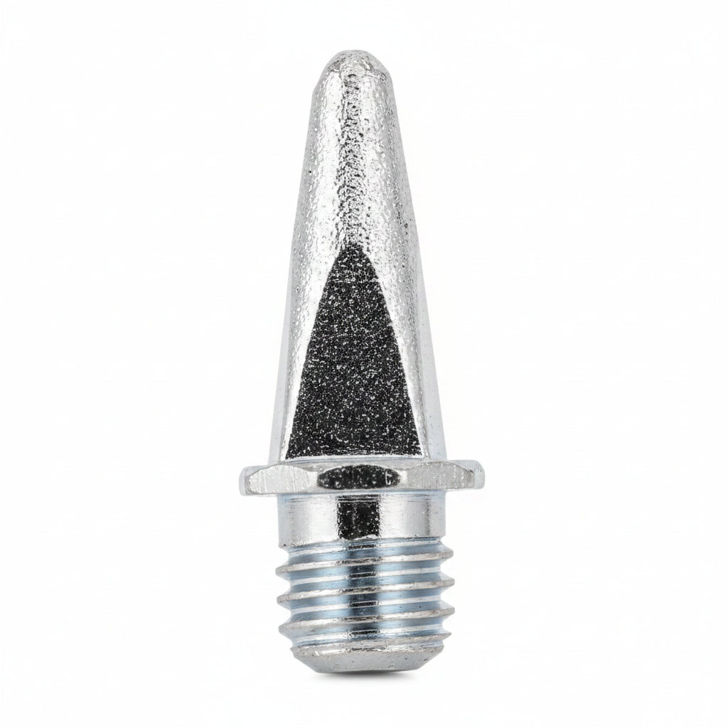 A silver pyramid spike used for swimming and track activities.