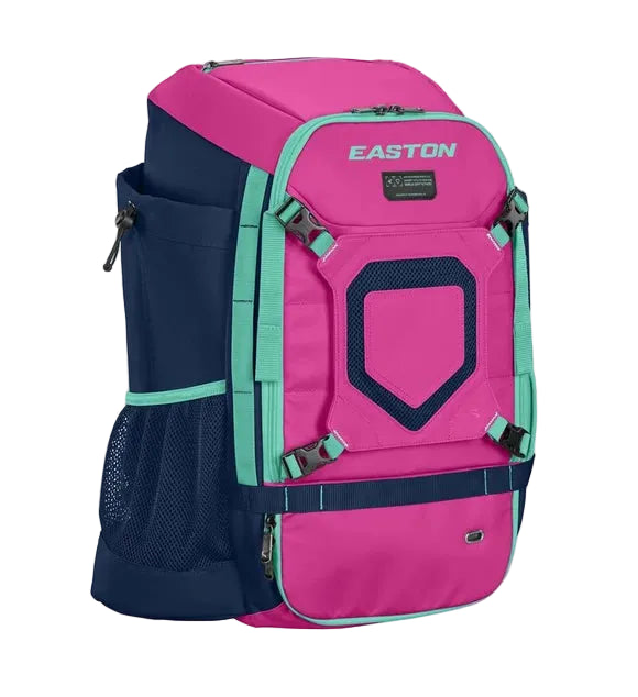 Pink and navy backpack with Easton logo on a light gray background