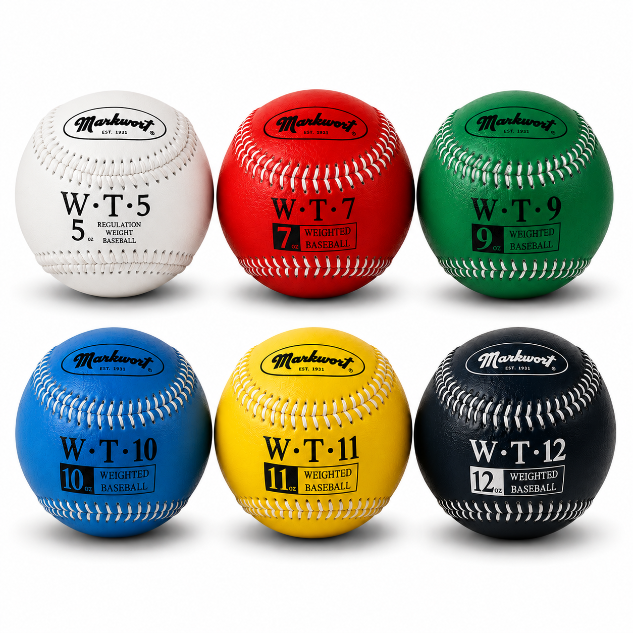 Six weighted baseballs in white, red, green, blue, yellow, and black, arranged in two rows on a light gray background. Each baseball shows the Markwort brand name and size numbers W.