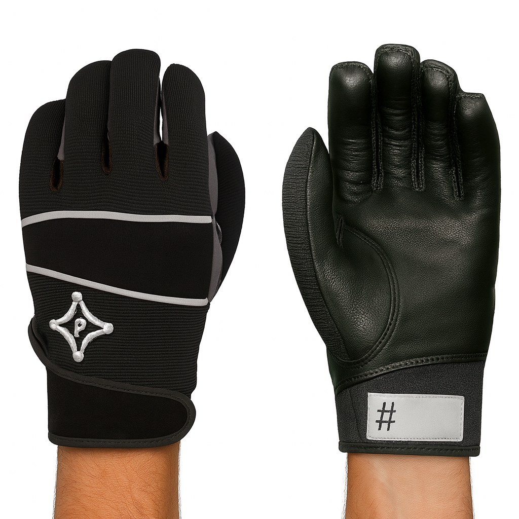 Black gloves with a logo and '# ' symbol on a white background