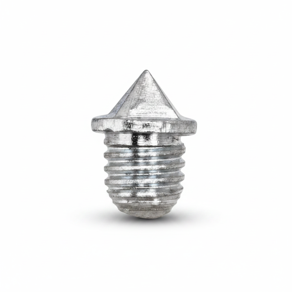 A small metallic silver cone-shaped screw cap or fastener with a threaded base, shown on a plain white background.