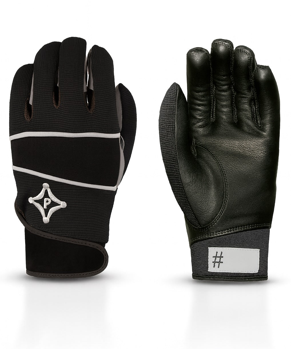 Pair of black gloves with reflective stripes on a white background