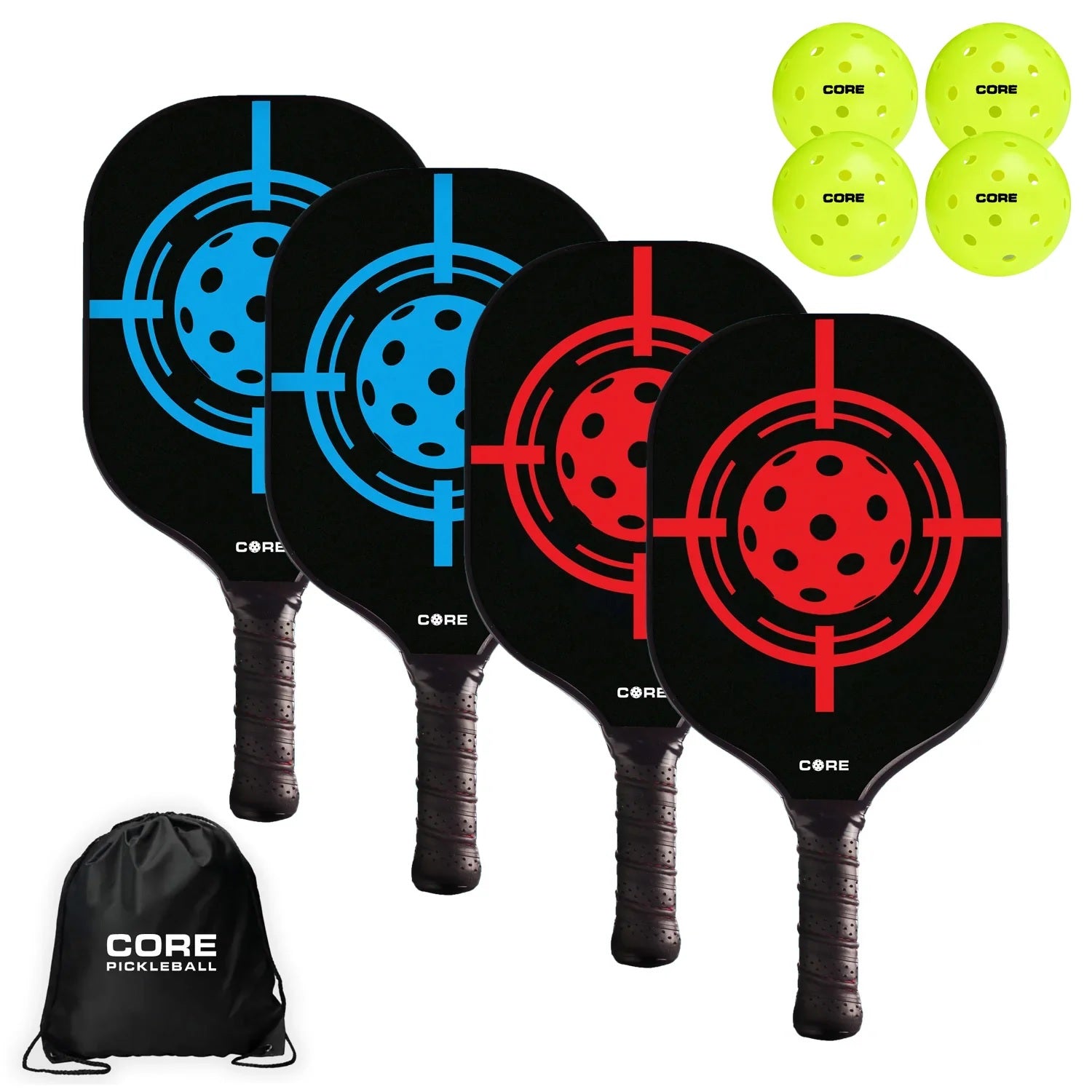 Core Pickleball Paddle Set of 4 | Convenient Carry Bag and 4 Outdoor Pickleballs