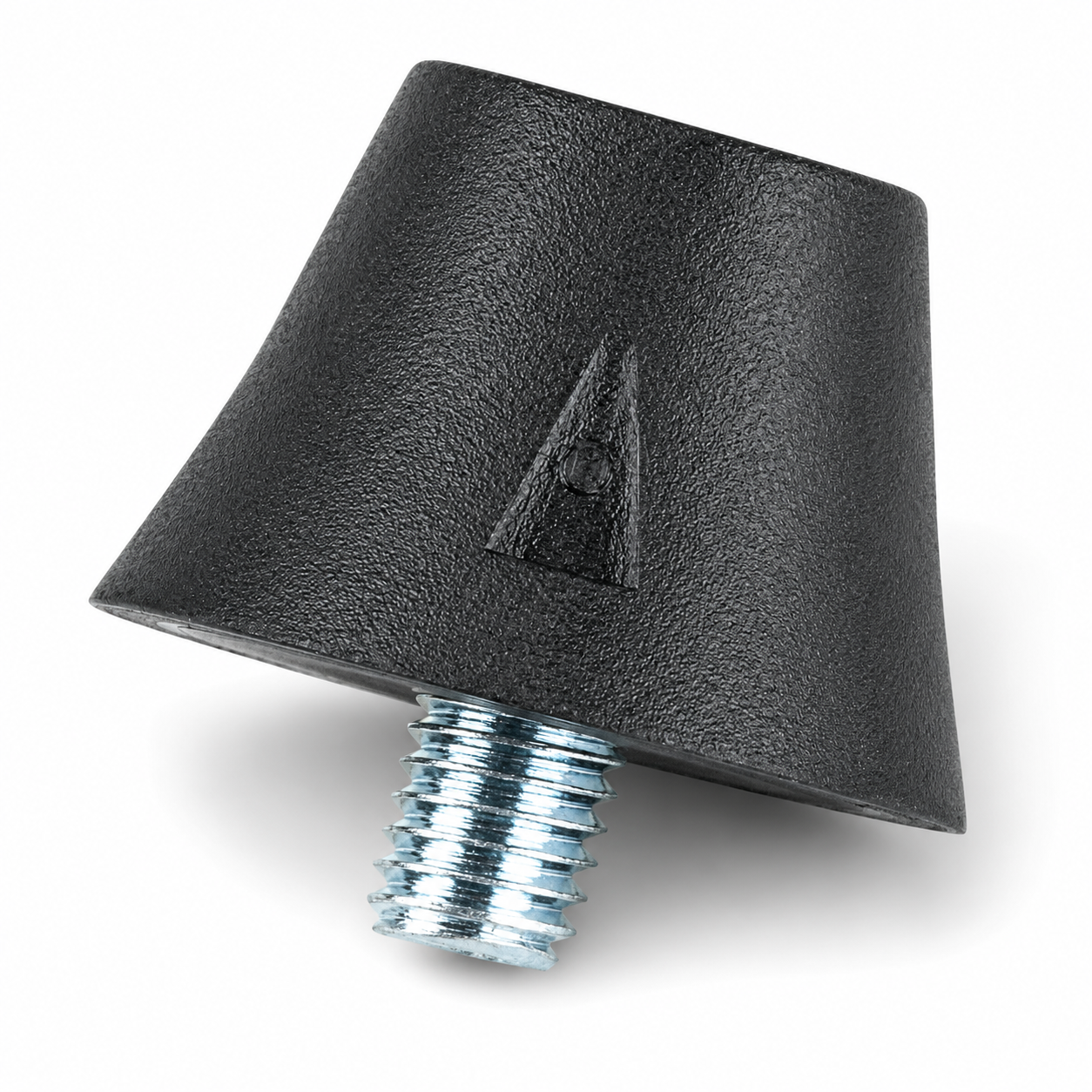 A black textured rubber cone-shaped leveling foot with a silver metal threaded screw base, shown on a white background.